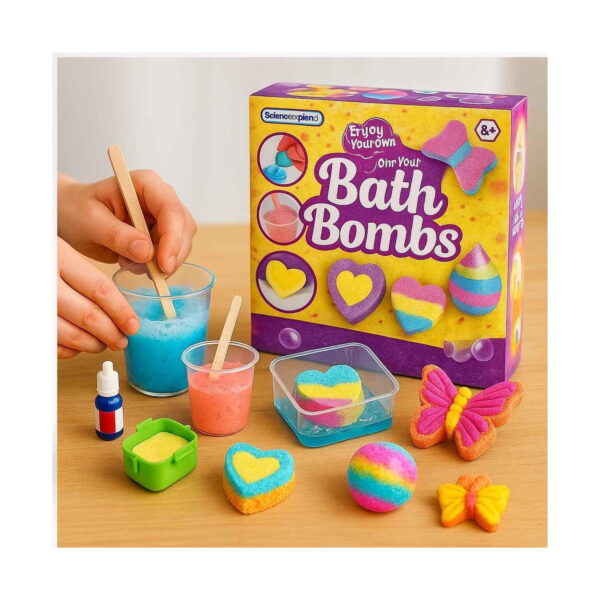 experimente-stem-3-in-1-continut Experimente STEM, mâini amestecând într-un pahar, cutia Bath Bombs, bombe de baie colorate și forme pe masă