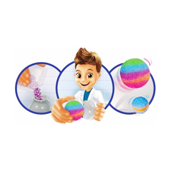 experimente-stem-3-in-1-instructiuni-2 Experimente STEM, ilustrație cu un copil în halat, o matriță sferică și bile săltărețe multicolore stratificate