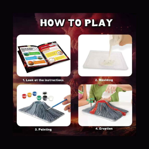 experimente-stem-3-in-1-instructiuni-3 Experimente STEM, infografic HOW TO PLAY cu patru pași pentru vulcan: manual, turnare în matriță, vopsire și erupție