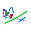 Fidget Pop Tubes galben, tuburi fidget colorate pe fundal alb, cu un tub verde cotat 45 cm întins și un tub albastru cotat 13
