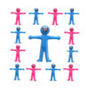 Figurine din cauciuc Huggy Wuggy, aproximativ treisprezece figurine albastre și roz dispuse în jurul uneia albastre mărite