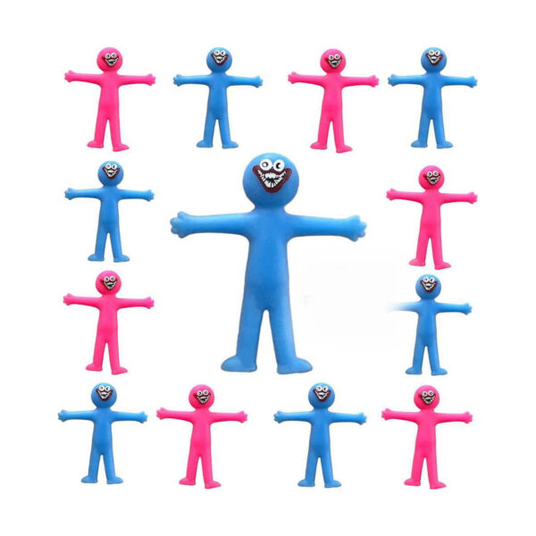 Figurine din cauciuc Huggy Wuggy, aproximativ treisprezece figurine albastre și roz dispuse în jurul uneia albastre mărite
