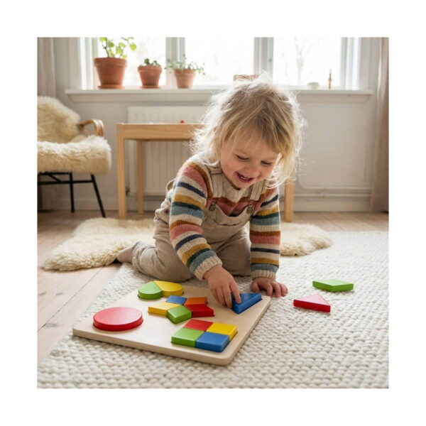 forme-de-puzzle-din-lemn-montessori-utilizare-2 Forme de puzzle din lemn Montessori, copil zâmbind, așezat pe covor, potrivind piese colorate pe placa