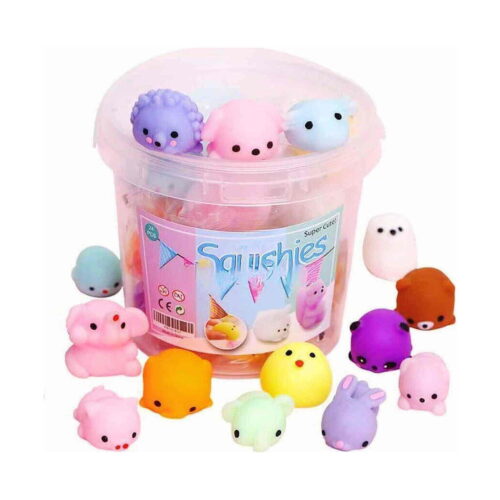 Găletușă Surpriză Fidget, transparentă cu etichetă Squishies, plină cu jucării mochi squishy în formă de animale