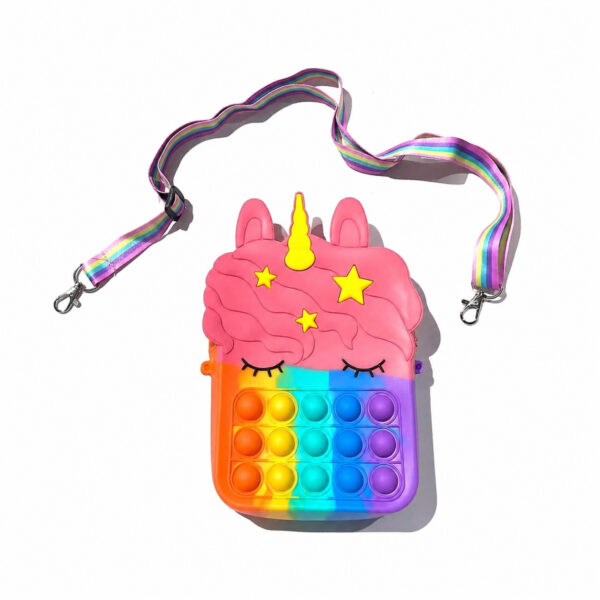 geanta-copii-pop-it-unicorn-cu-model Geantă copii, Pop It în formă de cap de unicorn roz, cu stele galbene, corn auriu