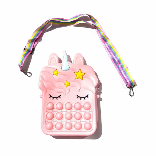 Geantă mare Pop It unicorn, Pop It în formă de unicorn roz, cu stele galbene, gene închise