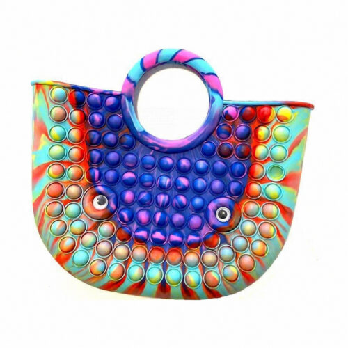 Geantă Pop It, semicirculară în culori curcubeu, cu mâner rotund, multe bule și doi ochi decorativi lipiți; filigran