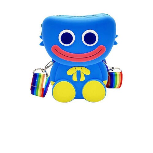 Geantă Pop It Huggy Wuggy, din silicon albastru în formă de personaj-monstru zâmbitor, cu labe galbene
