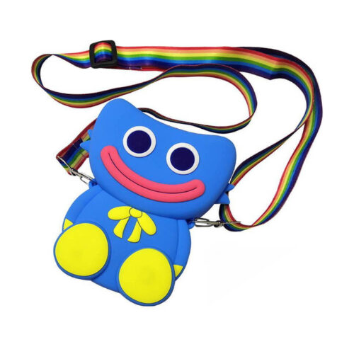 Geantă Pop It PlayTime, din silicon albastră cu lăbuțe galbene și baretă curcubeu lungă
