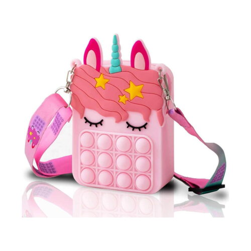 Geantă Pop It Zi de naștere, roz în formă de unicorn, cu corn turcoaz, stele galbene și baretă multicoloră, pe fundal alb