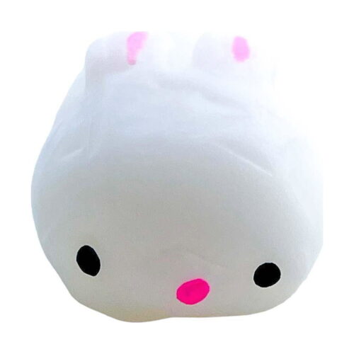 Iepuraș drăgălaș squishy, squishy alb, culcat, cu urechi scurte cu interior roz, ochi negri și nas roz