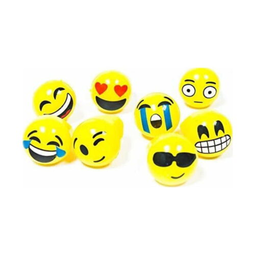 Inel squishy Emoji, opt inele emoji galbene, neaprinse, cu expresii diferite, grupate pe fundal alb
