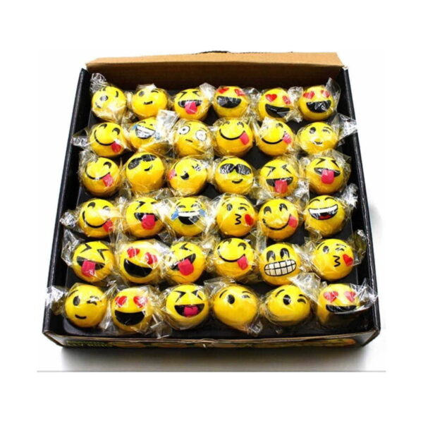 inel-squishy-emoji-continut Inel squishy Emoji, cutie de carton plină cu inele emoji ambalate individual în pungi transparente