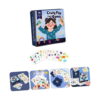Joc de cărți Crazy Flip, colaj de produs: cutia Crazy Flip Card Game, cărți ilustrate în evantai și patru cadre mici