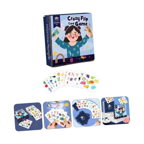 Joc de cărți Crazy Flip, colaj de produs: cutia Crazy Flip Card Game, cărți ilustrate în evantai și patru cadre mici