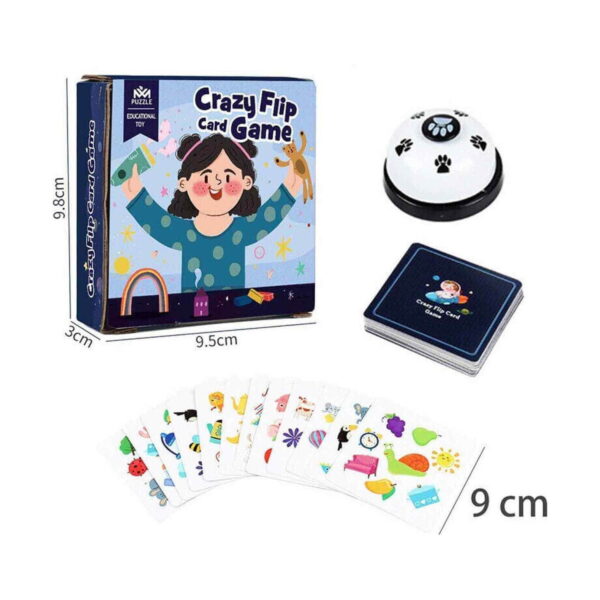 Joc de cărți Crazy Flip, grafic de dimensiuni: cutia de 9,8 x 9,5 x 3 cm, clopoțelul alb