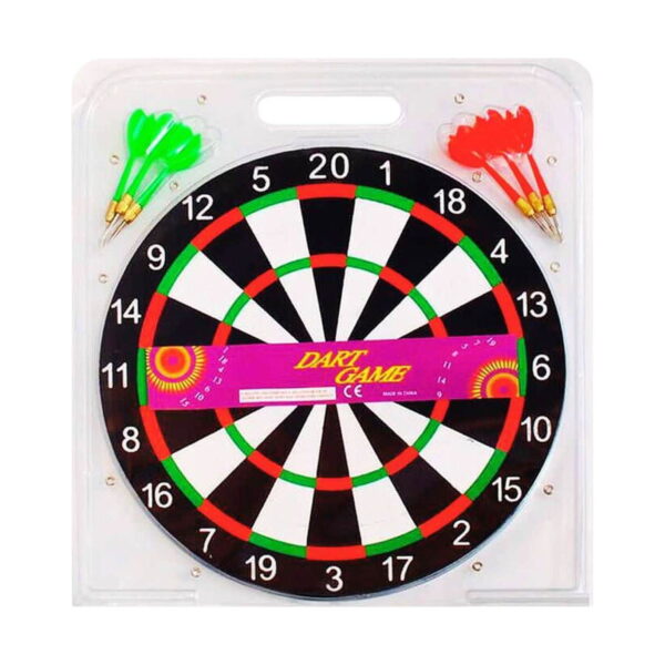 joc-de-darts-pentru-copii-tinta-36-cm-6-sageti Joc de darts pentru copii, țintă de darts rotundă cu sectoare roșii, verzi, albe și negre, în ambalaj blister transparent