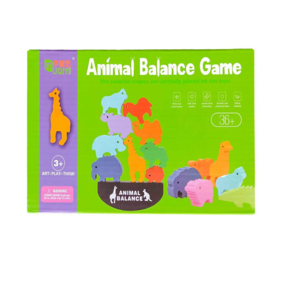 Joc de echilibru Montessori cu animale, fața cutiei verzi Animal Balance Game, cu girafa portocalie