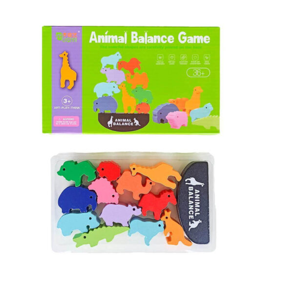 Joc de echilibru Montessori cu animale, cutia verde Animal Balance Game și, dedesubt