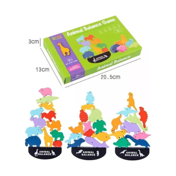 Joc de echilibru Montessori cu animale, cutia cu cotele 20,5 cm, 13 cm și 3 cm, plus trei exemple de turnuri asamblate