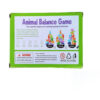 Joc de echilibru Montessori cu animale, verso-ul cutiei verzi Animal Balance Game, cu descriere în engleză, pictograme
