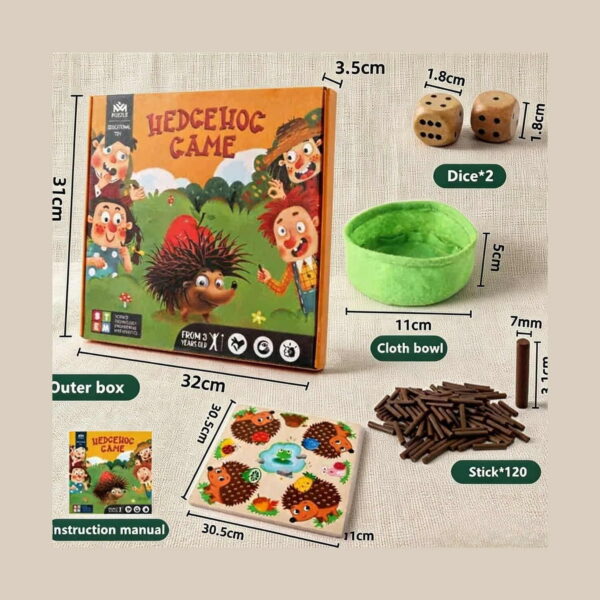 joc-educativ-aventura-cu-aricii-dimensiuni Joc educativ Aventura cu aricii, grafic cu cotele componentelor: cutia 32 × 31 × 3,5 cm, două zaruri de 1,8 cm