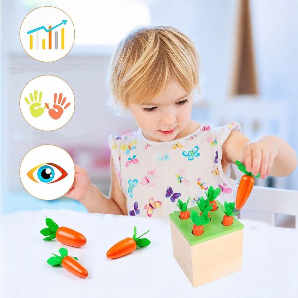 joc-montessori-morcov-din-lemn-info Joc Montessori Morcov din lemn, grafic cu o fetiță blondă care scoate un morcov din cutie și trei pictograme grafic