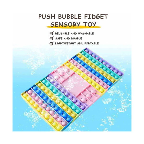 Joc Pop It cu zaruri, infografic cu titlul PUSH BUBBLE FIDGET SENSORY TOY