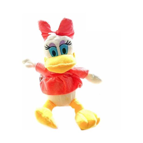 Jucărie de pluș Daisy, duck așezată, cu fundă roșie în cap, bluză roșie, gene lungi, cioc și labe galbene, fundal alb