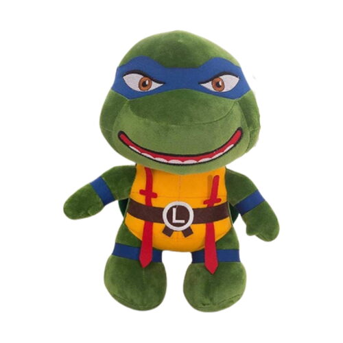 Jucărie de pluș Leonardo, țestoasă ninja verde cu mască albastră, plastron galben și cataramă maro cu litera L (Leonardo)