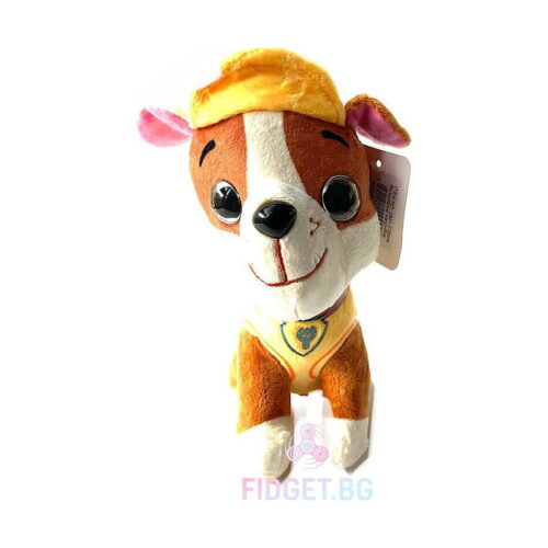 Jucării de pluș Paw Patrol, jucărie de pluș cățeluș maro cu alb, cu șapcă galbenă și vestă galbenă (Rubble din Paw Patrol)