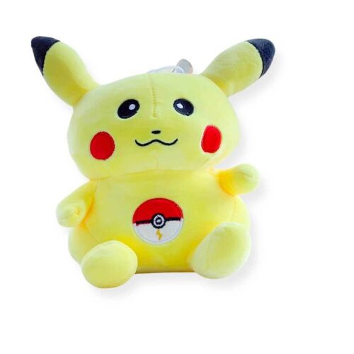 Jucărie de pluș Pokemon Pikachu, Pikachu galbenă, așezată, cu obraji roșii, urechi cu vârf negru și o Poké Ball cusută