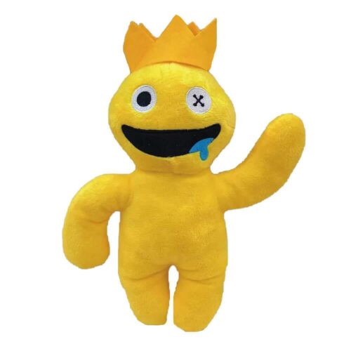 Jucărie de pluș Rainbow Friends, galbenă din Rainbow Friends, cu coroniță portocalie, un ochi rotund și unul în formă de X