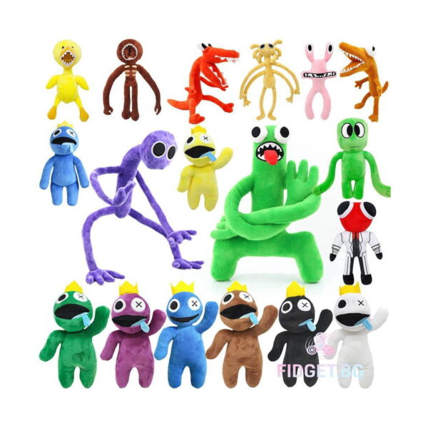 Jucărie de pluș Rainbow Friends, colaj cu numeroase jucării de pluș monstruleți în culori și forme diferite, multe cu coroană