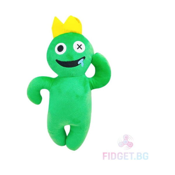 Jucărie de pluș Rainbow Friends, verde cu coroană galbenă, un ochi marcat cu X, gură zâmbitoare și braț ridicat