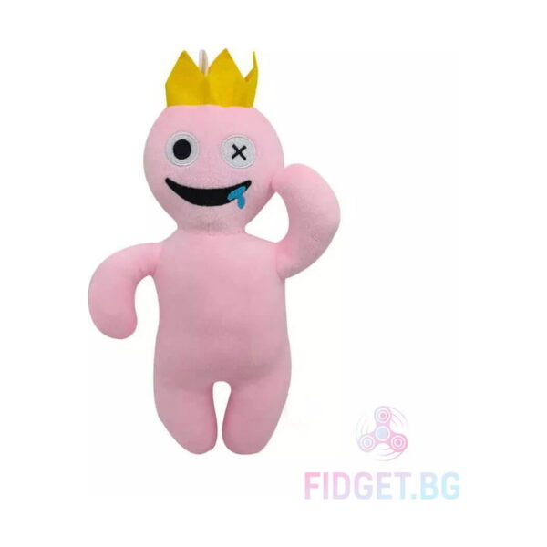 Jucărie de pluș Rainbow Friends, roz pal cu coroană galbenă, un ochi marcat cu X și brațul ridicat