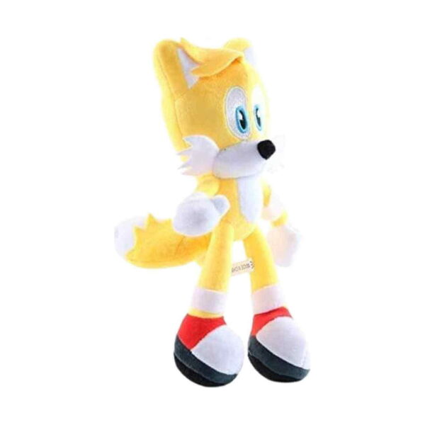 Jucărie de pluș Sonic, tails fotografiată din lateral, orientată spre dreapta, fundal alb