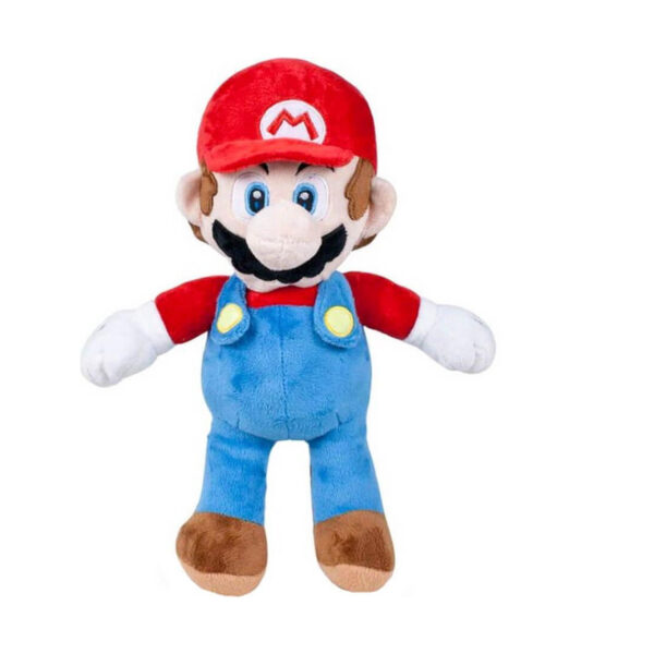 jucarie-de-plus-super-mario-albastra-si-rosie Jucărie de pluș Super Mario, Mario în picioare, șapcă roșie cu M, salopetă albastră, tricou roșu, mănuși albe și cizme maro