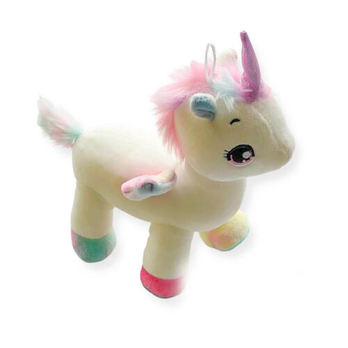 jucarie-de-plus-unicorn-alba Jucărie de pluș unicorn, de pluș alb-crem în picioare, cu coamă roz pal, corn irizat, aripioare și copite în nuanțe pastel