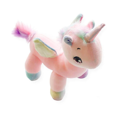 jucarie-de-plus-unicorn-roz Jucărie de pluș unicorn, de pluș roz în picioare, cu coamă și coadă pastel, corn auriu, aripioare și copite colorate
