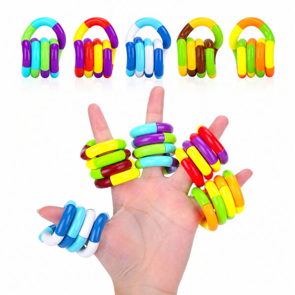 jucarie-fidget-tangle-galbena-si-mov-2 Jucărie Fidget Tangle, montaj: sus cinci jucării Tangle pliate în culori diferite