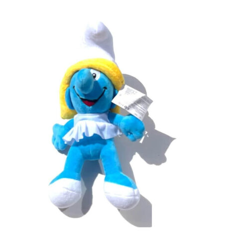 Jucărie Smurfette, de pluș Smurfette: personaj albastru cu păr blond, bonetă albă, rochiță albă și pantofi albi