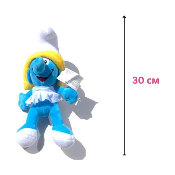 Jucărie Smurfette, vedere frontală, cu o săgeată verticală și marcajul de înălțime 30 scris cu caractere chirilice