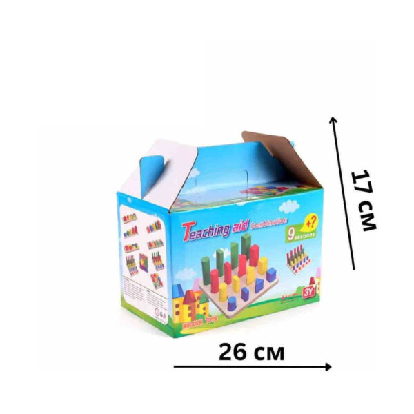 jucarii-montessori-din-lemn-9-in-1-jocuri-pentru-copii-isteti-ambalaj Jucării Montessori din lemn 9 în 1, cutia albastră de carton a setului, cu text Teaching aid și cote marcate 26 cm lățime
