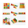 jucarii-montessori-din-lemn-9-in-1-jocuri-pentru-copii-isteti-continut-2 Jucării Montessori din lemn 9 în 1, colaj cu mai multe cadre ale setului: puzzle de forme, stivuire, coloane, fracții