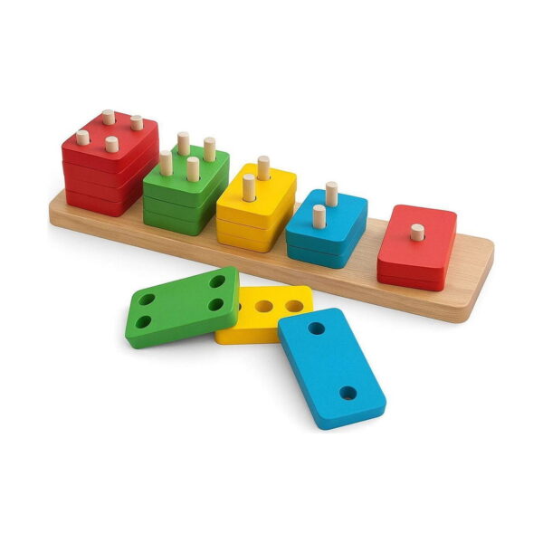 jucarii-montessori-din-lemn-9-in-1-jocuri-pentru-copii-isteti-detaliu-10 Jucării Montessori din lemn 9 în 1, placă din lemn cu cinci tije pe care sunt stivuite plăcuțe pătrate roșii, verzi, galbene