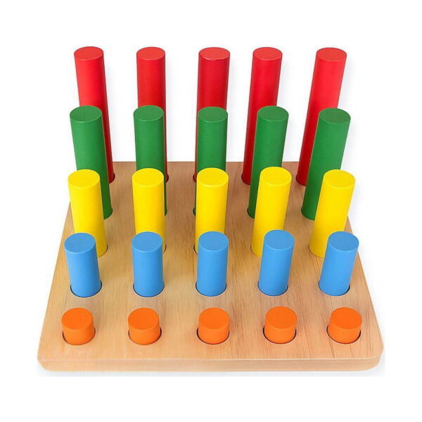 jucarii-montessori-din-lemn-9-in-1-jocuri-pentru-copii-isteti-detaliu-4 Jucării Montessori din lemn 9 în 1, bază pătrată din lemn cu cinci rânduri a câte cinci cilindri, în portocaliu, albastru