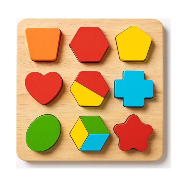 jucarii-montessori-din-lemn-9-in-1-jocuri-pentru-copii-isteti-detaliu-5 Jucării Montessori din lemn 9 în 1, placă din lemn 3 x 3 cu nouă forme colorate: pătrat, hexagon, pentagon, inimă, cruce