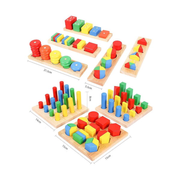jucarii-montessori-din-lemn-9-in-1-jocuri-pentru-copii-isteti-dimensiuni Jucării Montessori din lemn 9 în 1, schemă cu toate plăcile setului și cote marcate: 21,5 cm, 5,5 cm, 8 cm, 14 cm și 15 cm