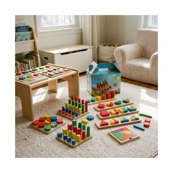 jucarii-montessori-din-lemn-9-in-1-jocuri-pentru-copii-isteti-lifestyle-2 Jucării Montessori din lemn 9 în 1, cameră de zi cu o măsuță joasă din lemn pe care sunt plăci ale setului